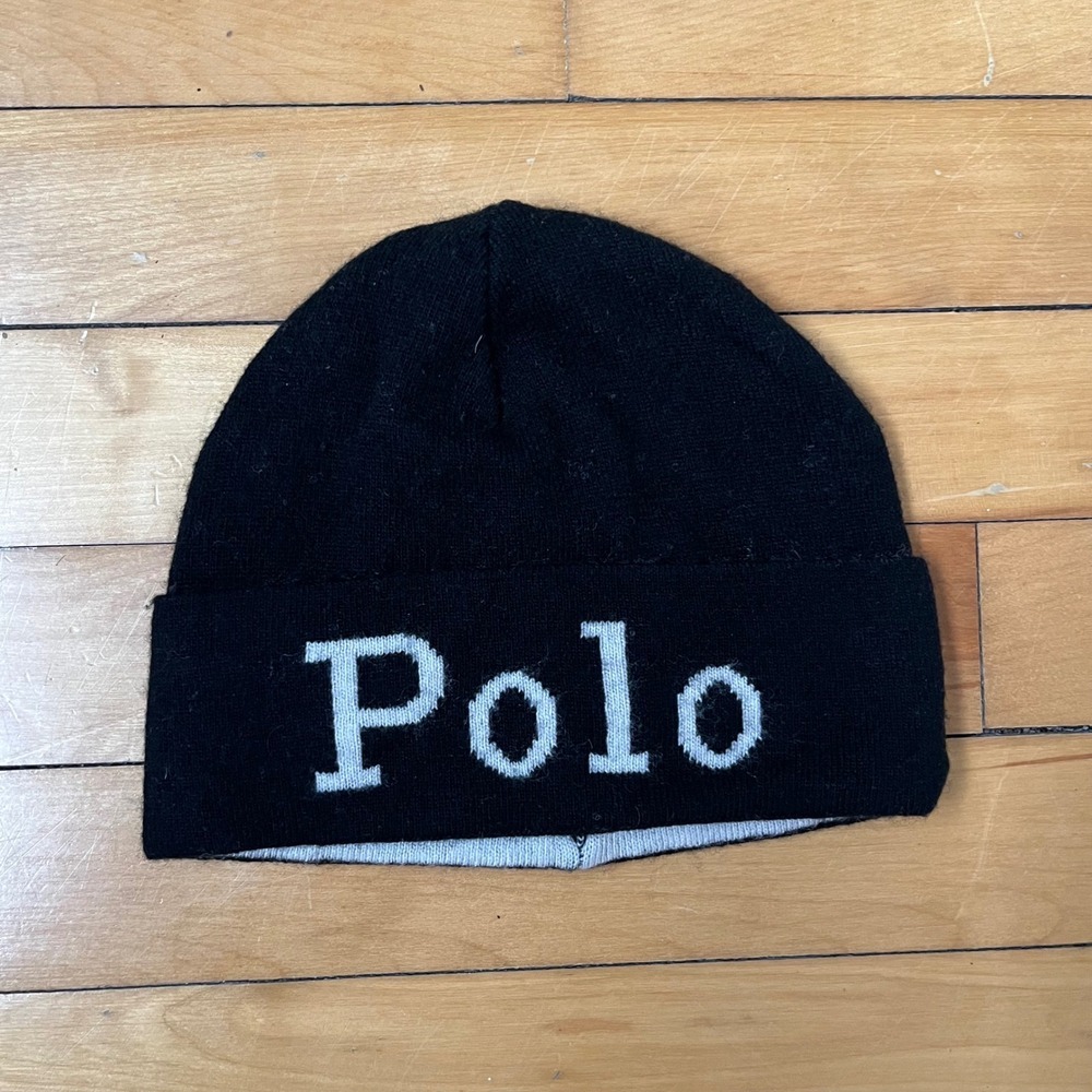 Polo Ralph Lauren Black Wool Blend Logo Cuffed Beanie Hat One Size RLAW-GLC19-TA